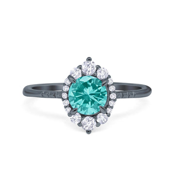 Halo Engagement Ring Vintage Round Black Tone, Simulated Paraiba Tourmaline CZ 925 Sterling Silver